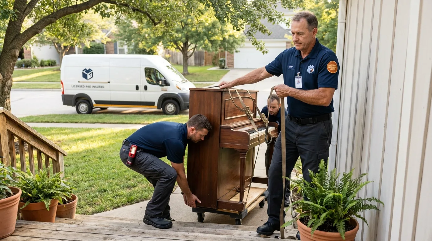 Licensed piano movers securing grand piano in Carrollton, MS
