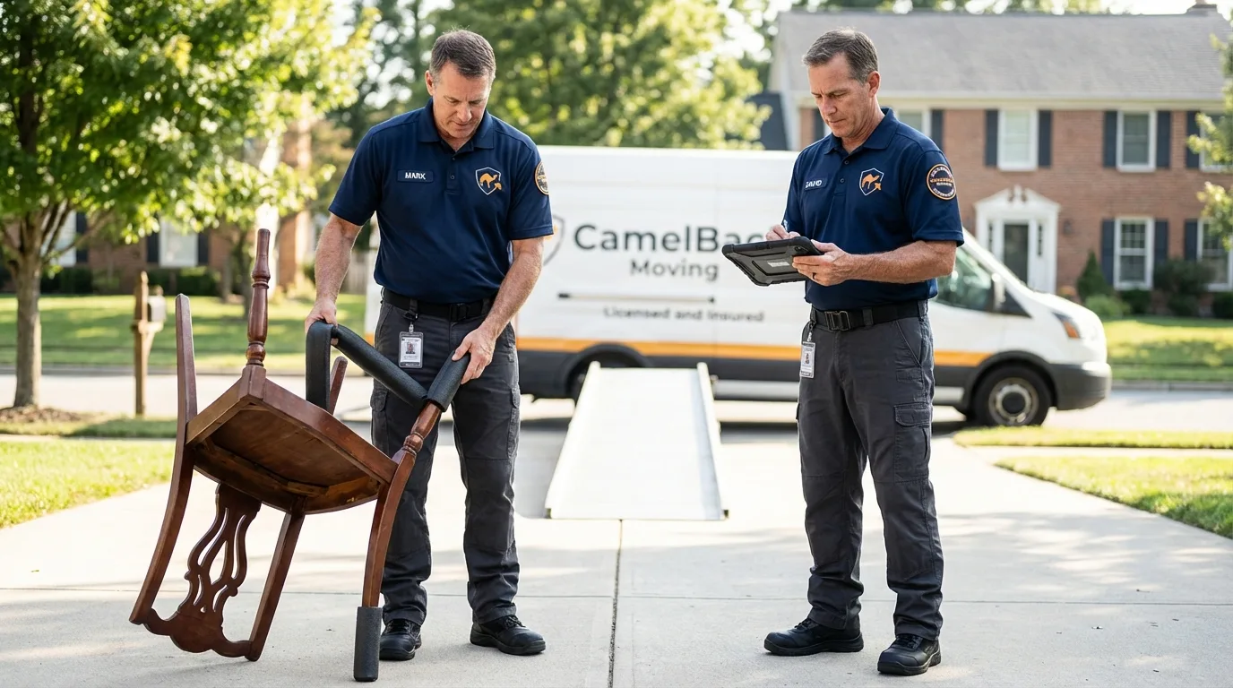 Movers inspecting furniture for damage prevention before loading in Carrollton, MS