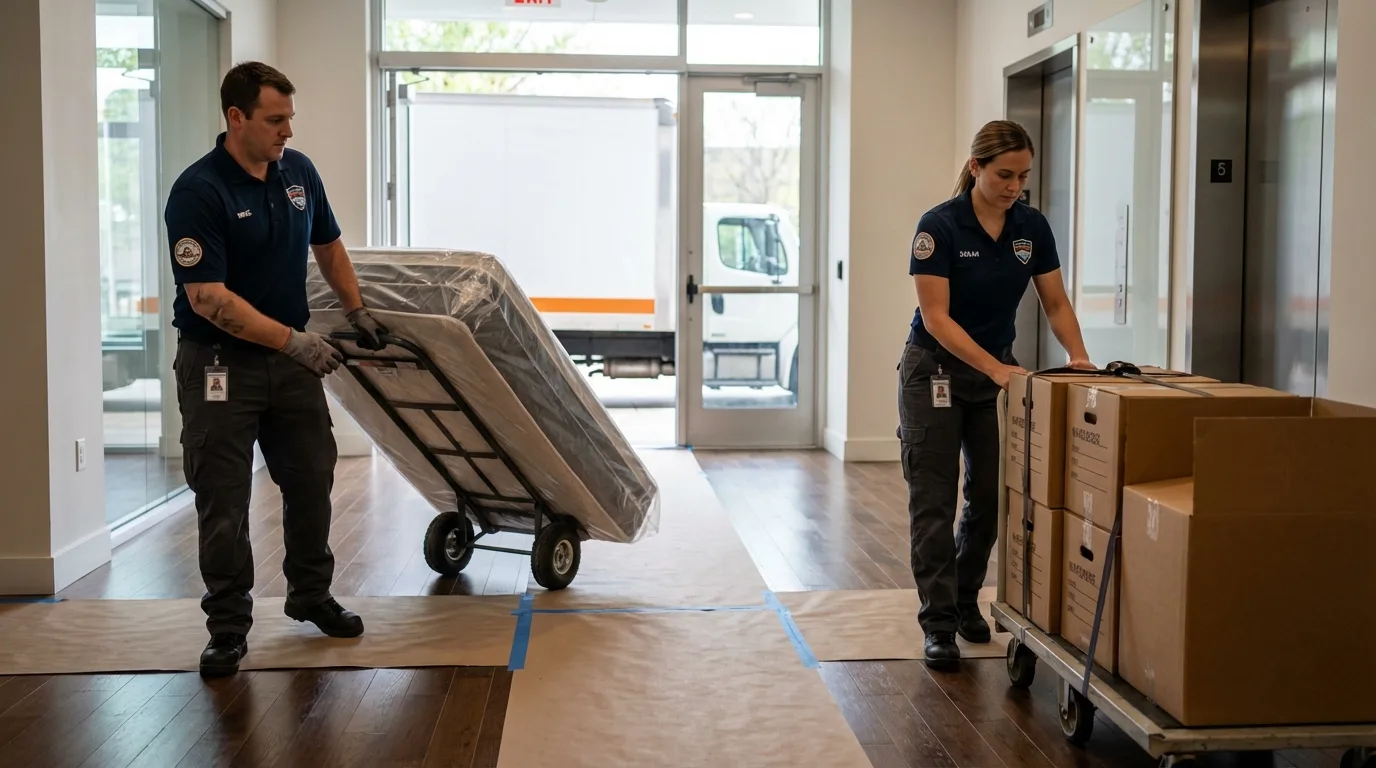 Professional apartment movers loading elevator in Carrollton, MS