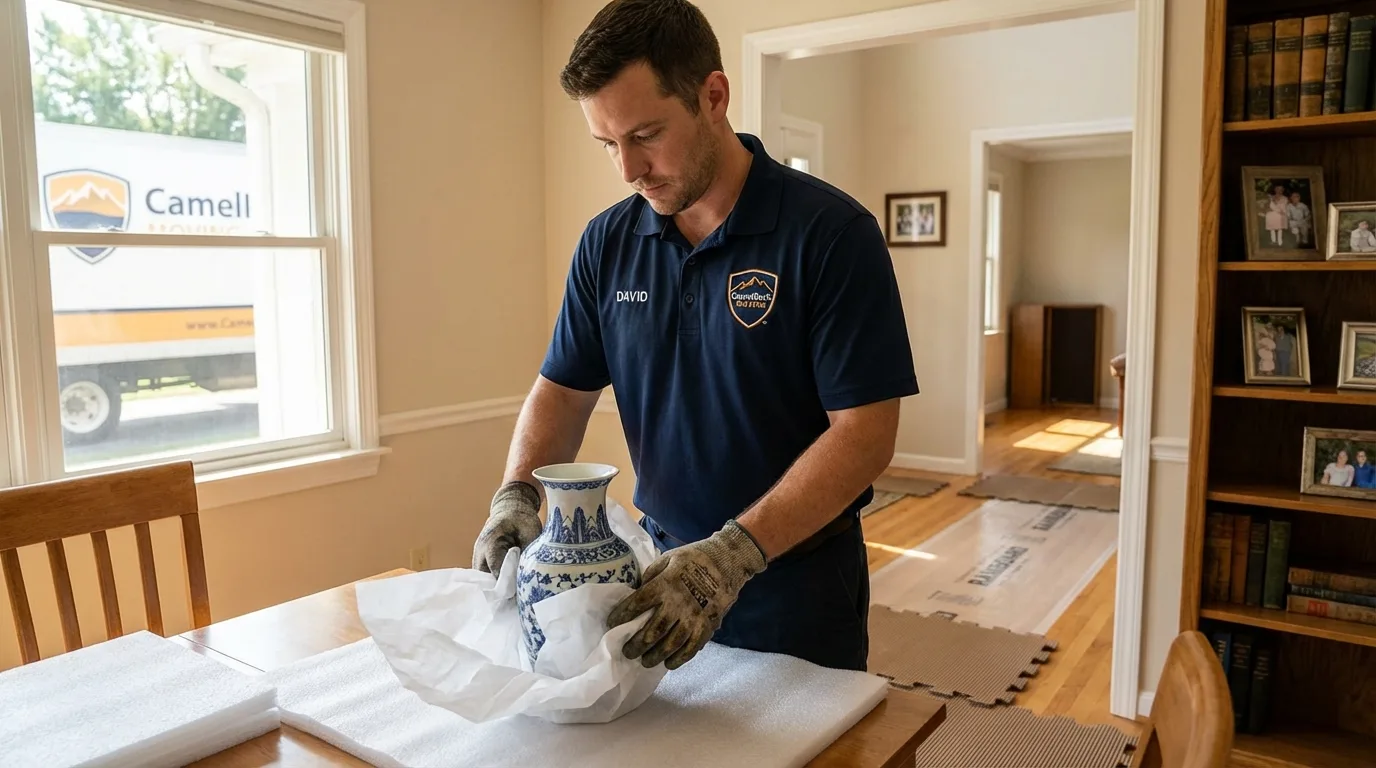 Professional crew carefully wrapping antique vase for senior downsizing move in Carrollton, MS